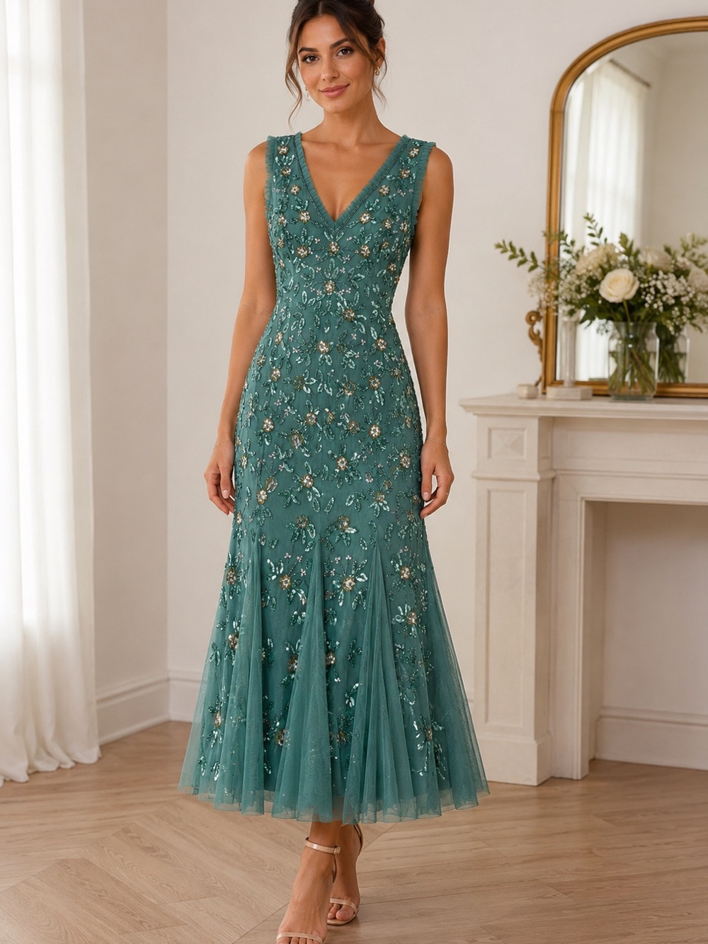 NWT Adrianna Papell Ruffle Embellished Beaded Midi /Maxi Dress 12